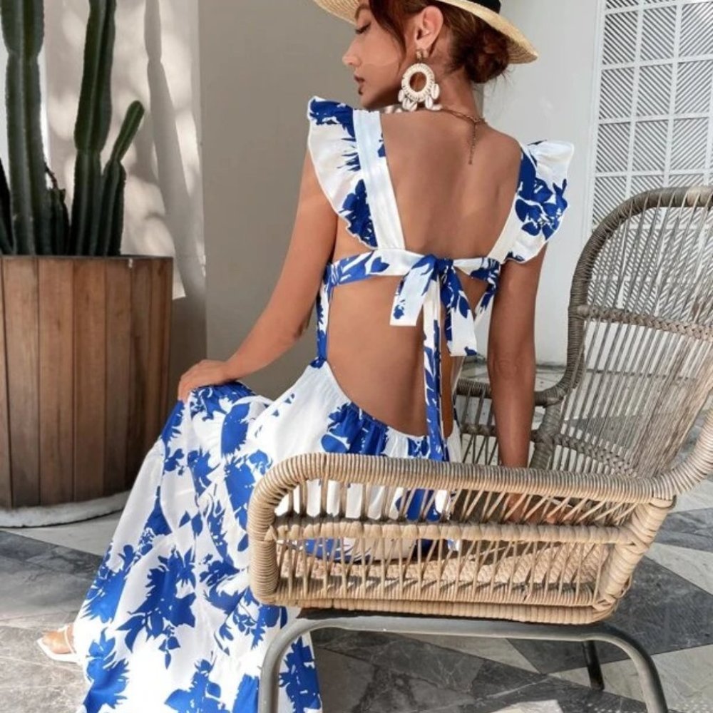 Boho floral butterfly sleeve ruffle hem tie back dress blue white - Picture 3 of 7